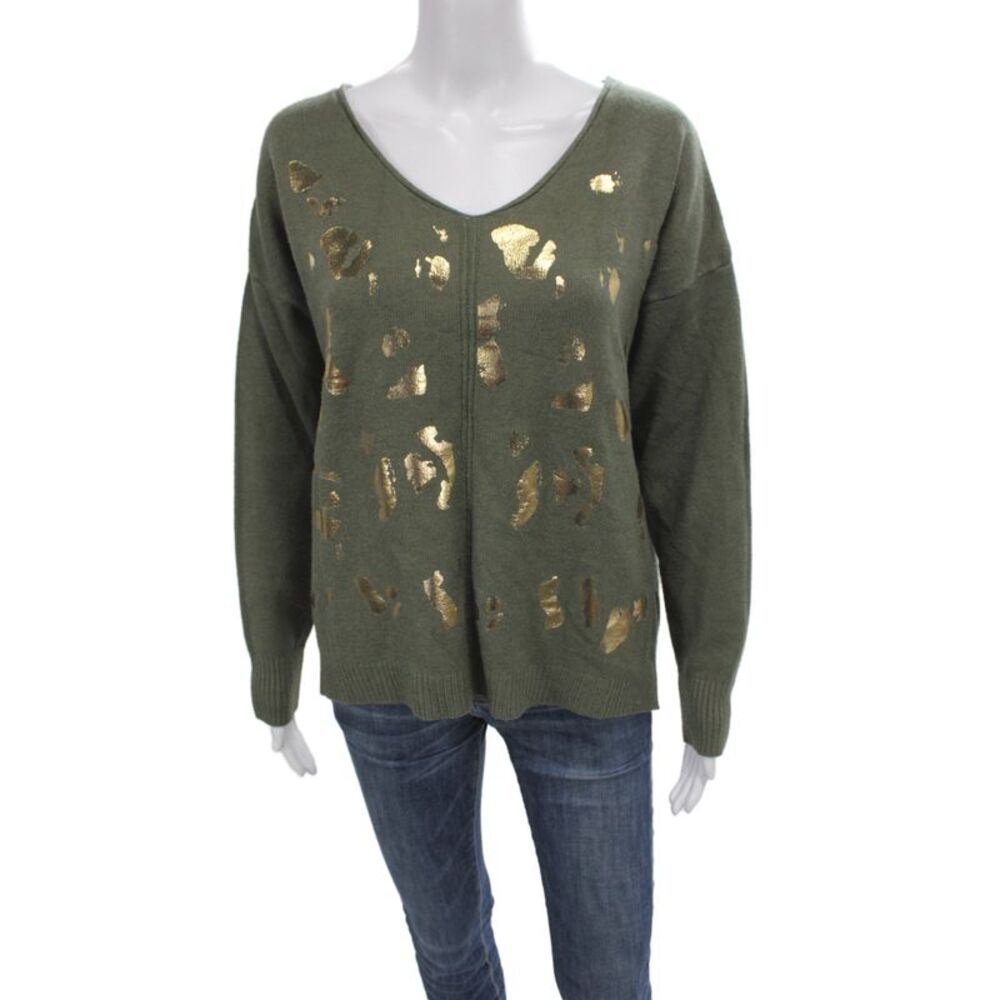 Flora Ashley Unisex Green V-Neck Long Sleeve Pullover Sweater Army Size S